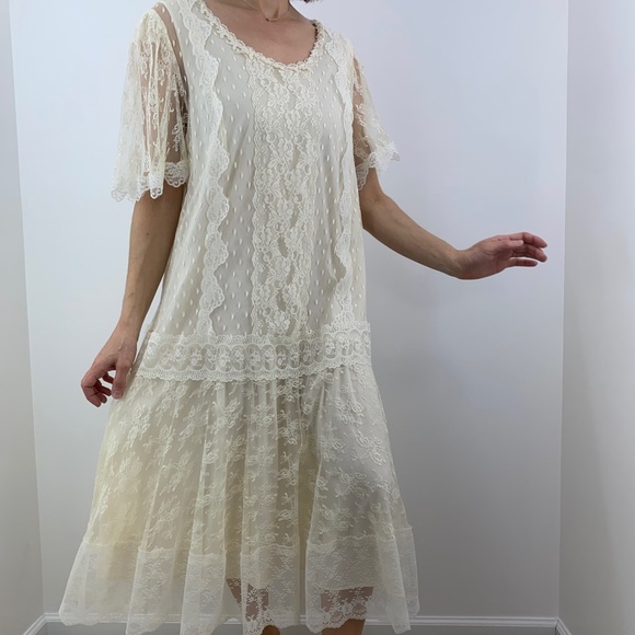 Vintage 80s Sue Brett White Lace Flutter Sleeve Drop Waist Shift Midi Dress - Picture 10 of 10